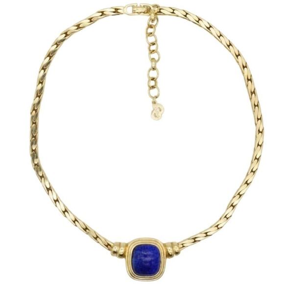Christian Dior Vintage 1980s Lapis Navy Rectangle Cabochon Pendant Necklace - Picture 1 of 3